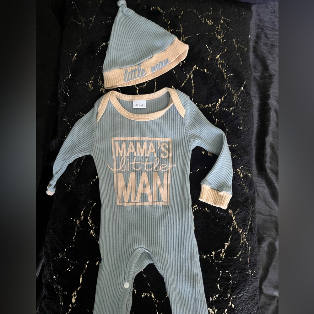 Mama's Little Man Baby One Piece Set - Green and Tan